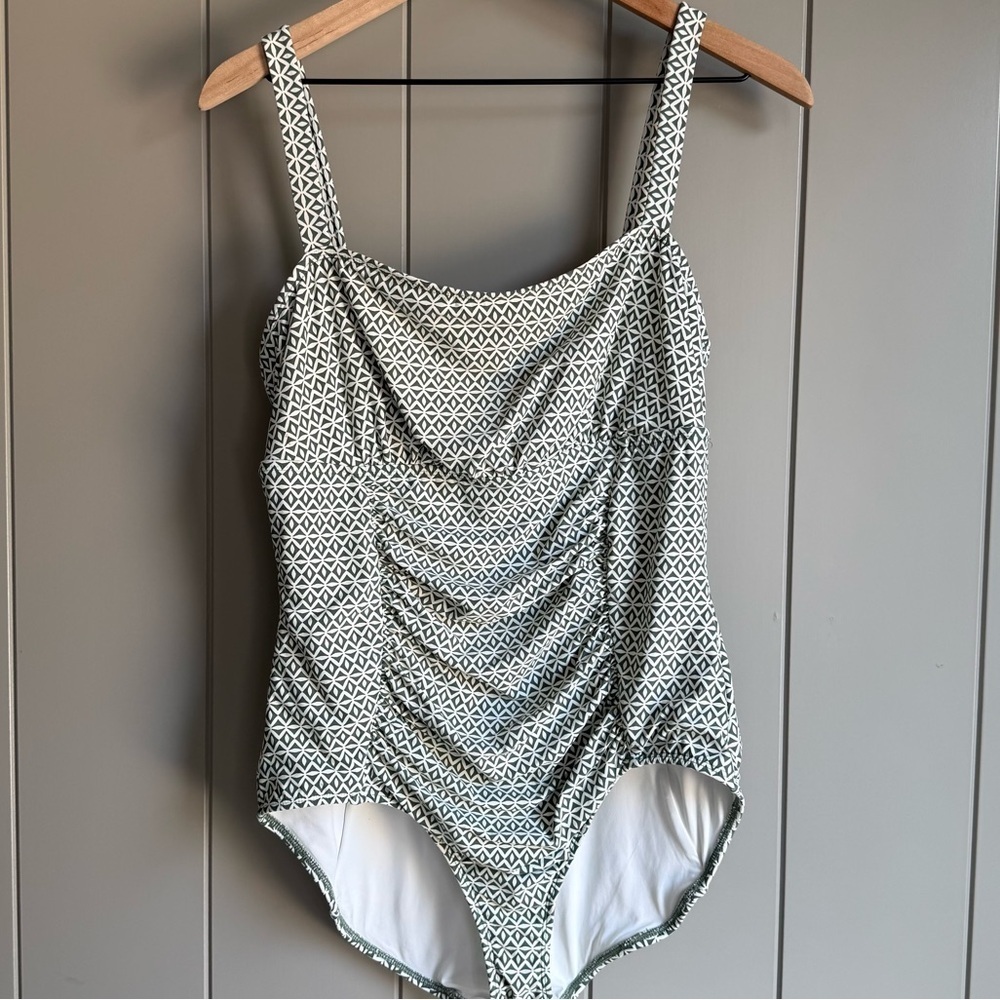 Anne Cole One Piece Swimsuit Women’s 14 Green White Geometric Ruched Green White - Picture 3 of 9
